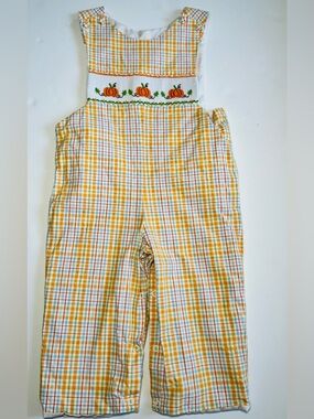 Stellybelly Boys Smocked Pumpkin Plaid Longall Overalls 2T-EUC ~Harvest~Photos